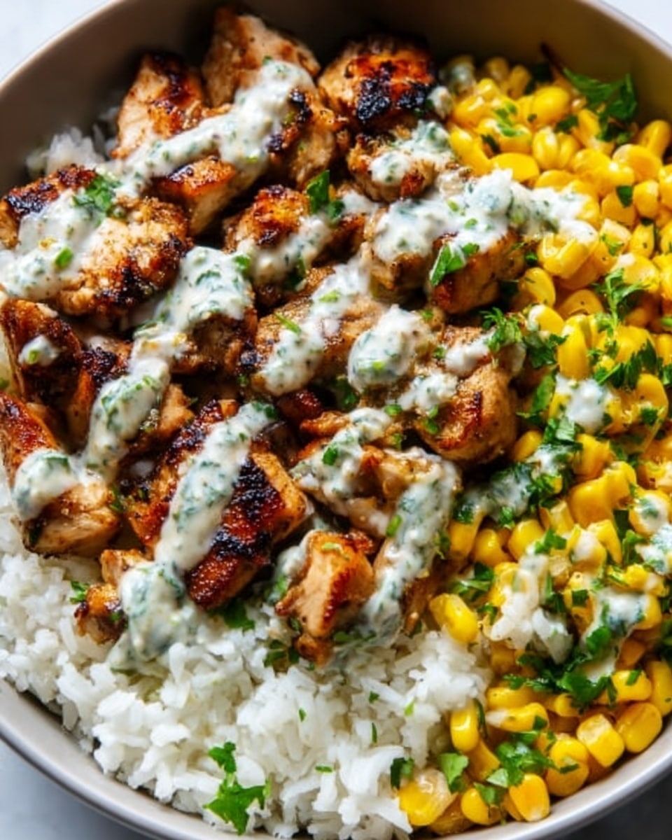 A white bowl filled with three main layers: the bottom layer is white rice with a soft, fluffy texture; the middle layer consists of grilled chicken pieces with a brown and slightly charred surface, topped with a drizzle of creamy white sauce speckled with green herbs; the top right section features bright yellow corn kernels mixed with chopped green cilantro. The colors are vibrant, with the white rice, golden corn, and brown chicken creating a nice contrast. The photo is bright and clear, showing the detail of each ingredient against a white marbled background. Photo taken with an iphone --ar 4:5 --v 7