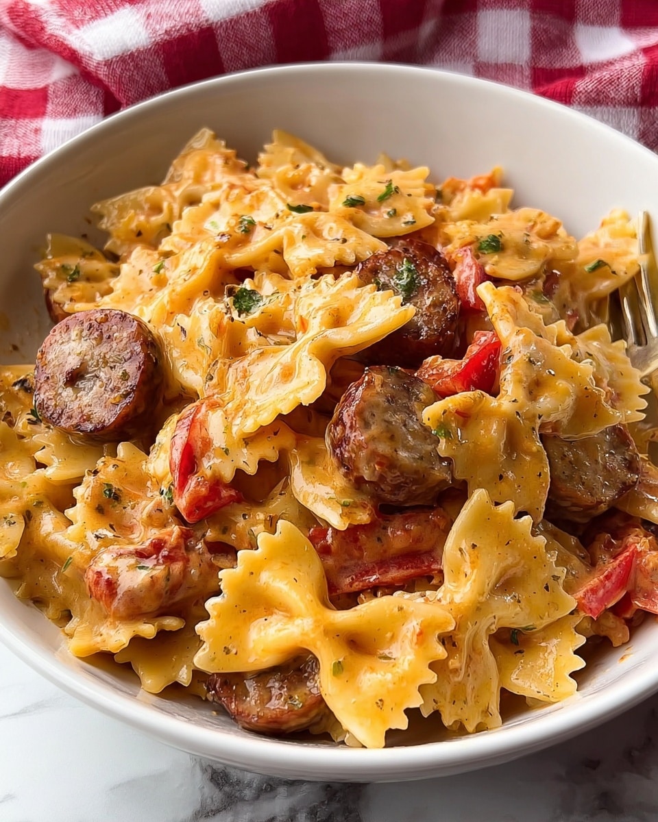 A white bowl filled with bowtie pasta coated in a creamy orange sauce with a smooth texture, mixed with round slices of browned sausage and pieces of red bell pepper, all evenly layered and well combined. The pasta's yellow color contrasts with the deep brown sausage slices and the bright red pepper pieces scattered throughout. The bowl rests on a white marbled surface with a red and white checkered cloth partially visible in the background. photo taken with an iphone --ar 4:5 --v 7