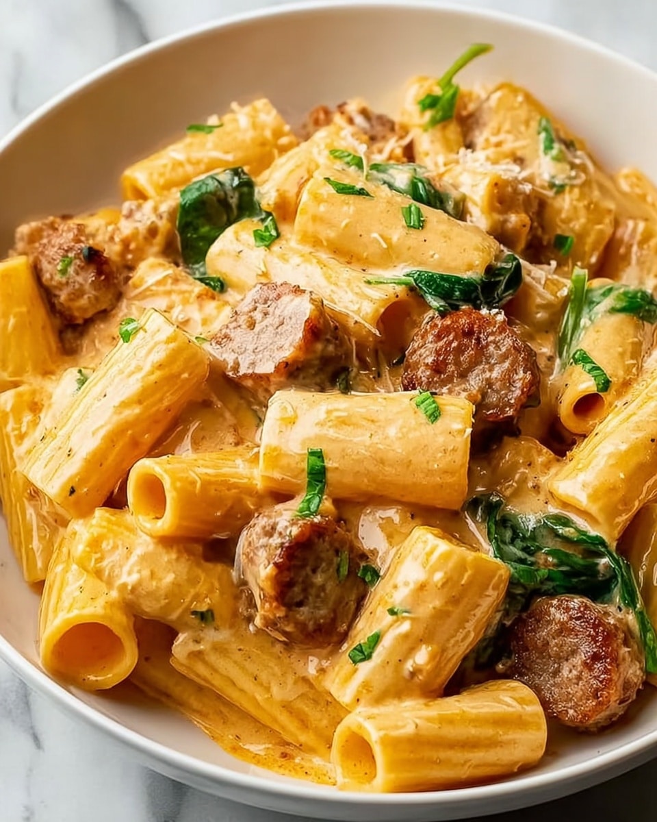 A close-up of a white bowl filled with rigatoni pasta coated in creamy, light orange sauce, mixed with round slices of browned sausage pieces. Small bits of green spinach are scattered throughout the dish, adding contrast. The pasta tubes are thick, hollow, and cooked to a tender texture, sitting in multiple layers of sauce and sausage, giving a rich and hearty look. The background is a white marbled texture. photo taken with an iphone --ar 4:5 --v 7