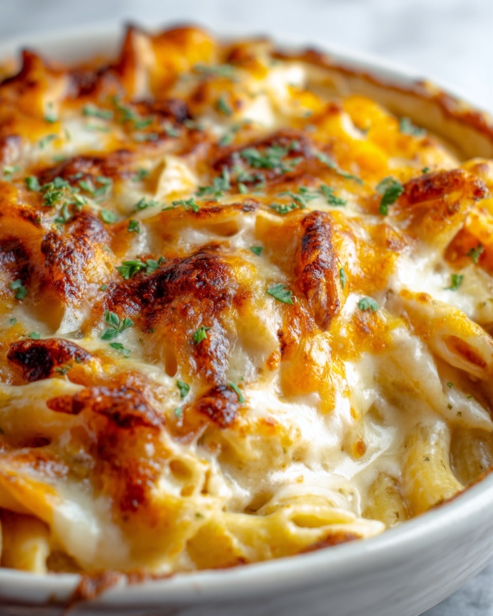 The image shows a close-up of a baked dish with several layers. The bottom layer is creamy pasta with a yellowish color and a smooth texture. On top, there are melted orange and white cheese layers with bubbly, slightly browned spots, giving a crispy look around the edges. Small green herbs are sprinkled on top, adding color contrast. The dish is in a white bowl, all placed on a white marbled surface. Photo taken with an iphone --ar 4:5 --v 7