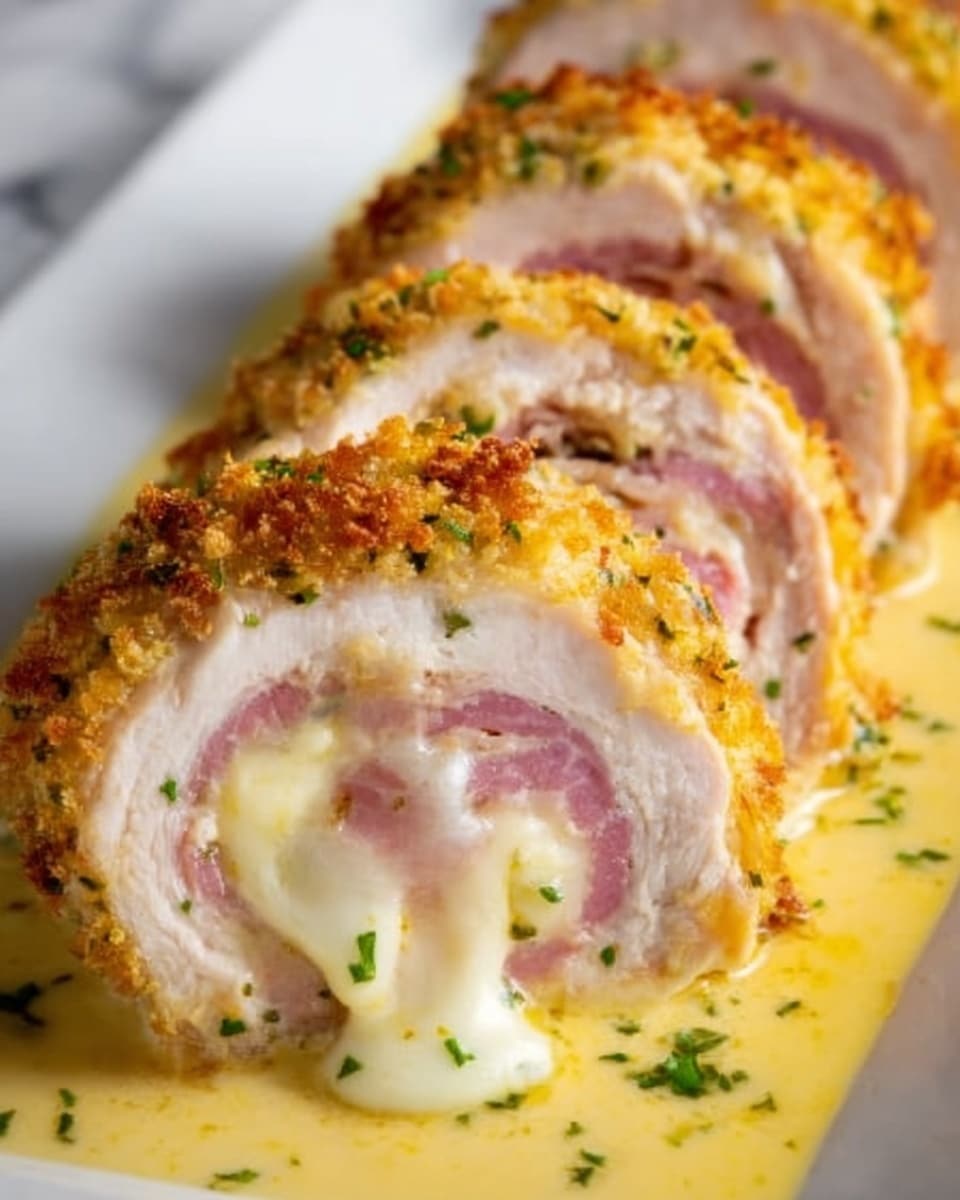 The image shows a close-up of several slices of stuffed chicken roulade, arranged in a row. Each slice has three visible layers: the outer layer is golden-brown and crispy, the middle layer is light pink ham, and the inner layer shows melted white cheese oozing out. The slices sit in a creamy yellow sauce that lightly covers the bottom, garnished with small bits of green herbs. The background is a white marbled texture. Photo taken with an iphone --ar 4:5 --v 7