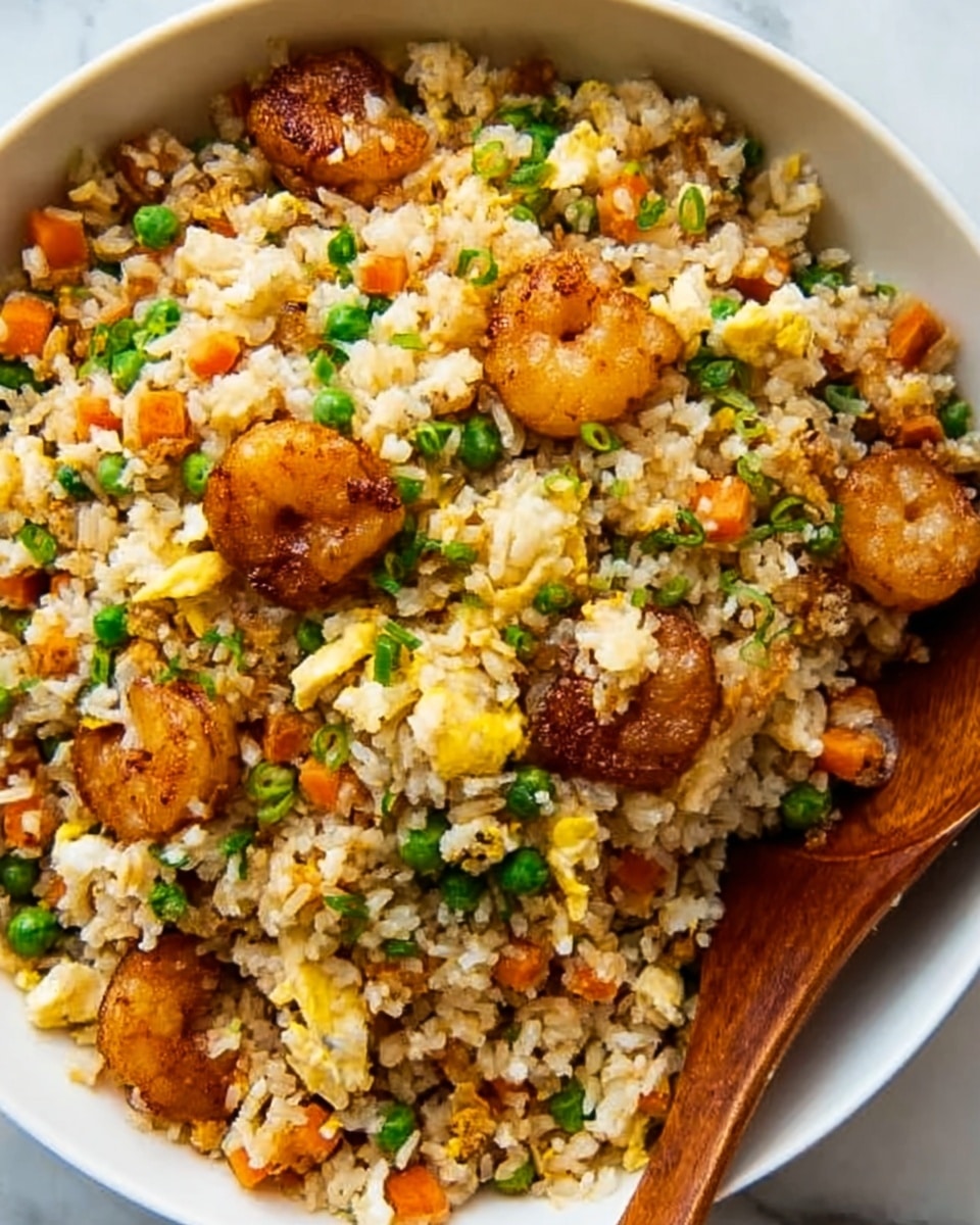 A close-up view of a bowl filled with fried rice that has a mix of colorful ingredients. The base layer is light brown rice, mixed evenly with small orange carrot pieces, green peas, and bits of scrambled yellow egg scattered throughout. On top of the rice are golden-brown shrimp, some curled in shape, adding texture and a rich color contrast. There is a wooden spoon resting on the side of the white bowl, partially touching the rice. The whole image is set against a white marbled surface. photo taken with an iphone --ar 4:5 --v 7