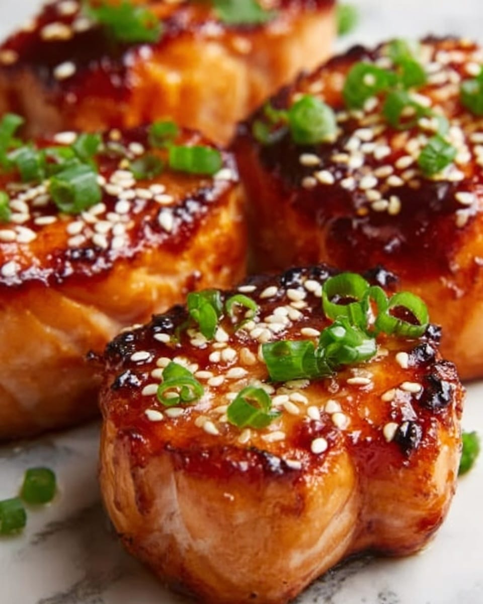 The image shows three thick, round pieces of salmon grilled to a golden brown with a shiny glaze. Each piece is topped with small white sesame seeds and chopped green onions, adding texture and color contrast. The salmon's surface looks slightly charred with caramelized edges, and the inside appears tender and juicy with visible layers of cooked fish. The pieces are placed closely together on a white marbled surface, with a clear focus on the glossy texture of the sauce and fresh green garnish. Photo taken with an iphone --ar 4:5 --v 7