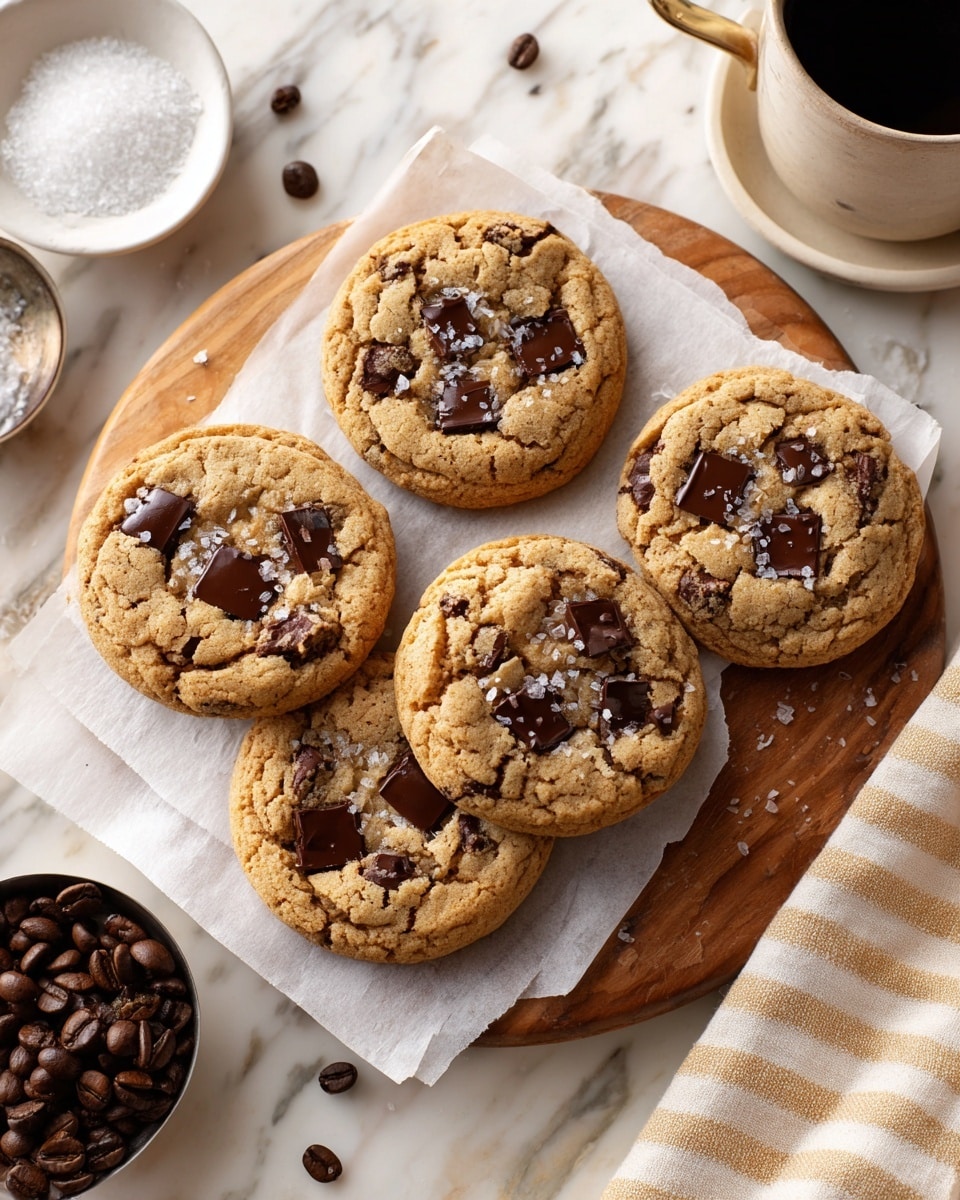 Five round chocolate chip cookies with a golden brown color and melted dark chocolate chunks on top are placed on a piece of white parchment paper, which is on a wooden board. The cookies have a soft texture with slight cracks on the surface and are sprinkled with flaky salt. Around the board, there are a few scattered cookie crumbs, coffee beans, and a white marbled background with a beige striped cloth nearby. In the top left corner, part of a white bowl filled with coarse salt is visible, and in the bottom left, a silver bowl holds roasted coffee beans. photo taken with an iphone --ar 4:5 --v 7