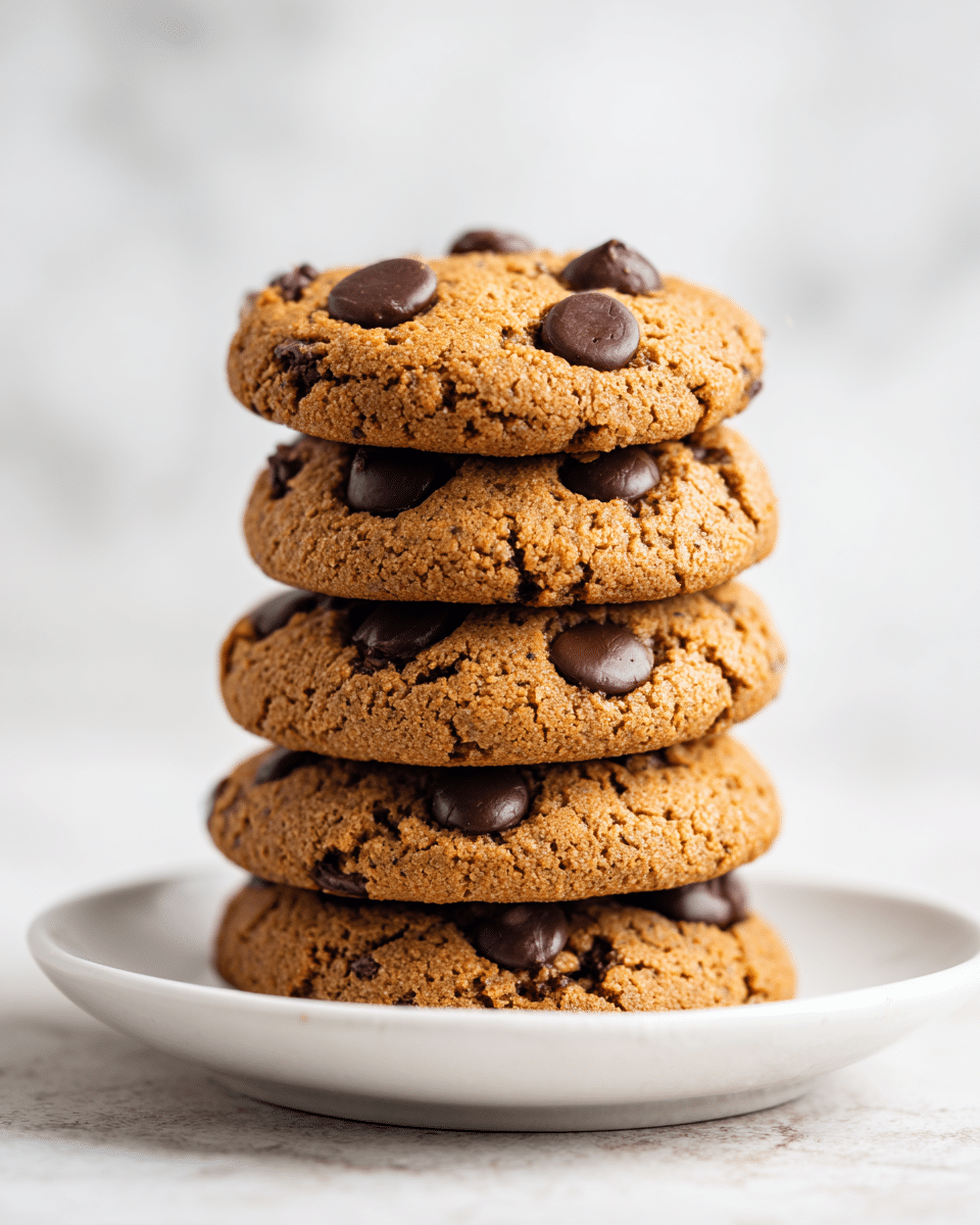 A stack of five round chocolate chip cookies is placed in a neat row on a white plate, each cookie slightly overlapping the next. The cookies have a golden-brown color with a soft and slightly cracked texture, showing melted and solid chocolate chips scattered unevenly on their surface. The edges are a bit darker and crispier compared to the center, which looks chewy. The white plate sits on a white marbled surface, creating a clean and bright setting. Photo taken with an iphone --ar 4:5 --v 7