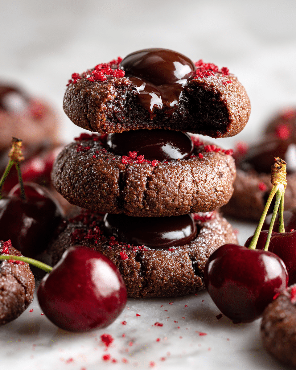 A stack of two dark brown chocolate cookies with a slightly rough texture is centered, topped with a glossy, rich chocolate filling in a shallow round indentation, dusted with small red crumbs. The top cookie on the stack has a bite taken out, revealing a smooth, shiny chocolate center. Surrounding the stack are several more cookies of the same kind, each with the same glossy chocolate center and red crumbs dusting, lying flat on a white marbled surface. Deep red cherries with shiny skin and thin stems are placed among the cookies, adding a fresh and juicy contrast to the dark chocolate colors. photo taken with an iphone --ar 4:5 --v 7