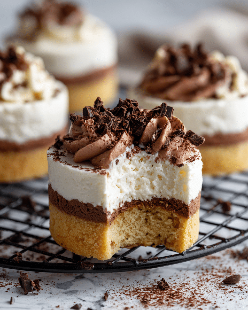 A close-up of a small round pastry with three visible layers: the bottom layer is a golden brown cookie base with a soft crumb texture, the middle layer is thick white creamy frosting spread evenly, and the top layer is a swirl of cocoa powder dusted over the cream with dark chocolate shavings scattered on top. This pastry has a bite taken out of it on the lower side, showing the inside texture. It rests on a black wire cooling rack placed over a white marbled surface sprinkled with cocoa powder and chocolate crumbs. Other similar pastries, blurred in the background, are also visible on the rack. photo taken with an iphone --ar 4:5 --v 7