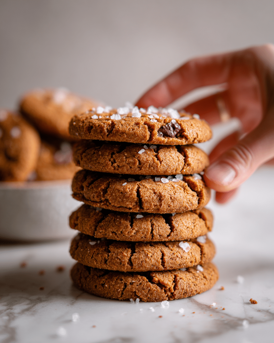 A stack of seven golden-brown cookies with a rough, cracked texture and sprinkled with coarse white salt on top sits on a white marbled surface. The cookies have a slightly soft and chewy look, with some chocolate chips visible inside. In the background, there is a blurred white bowl filled with more cookies. To the side, a woman's hand is gently touching the edge of the stack, adding a sense of scale and warmth to the scene. Photo taken with an iphone --ar 4:5 --v 7