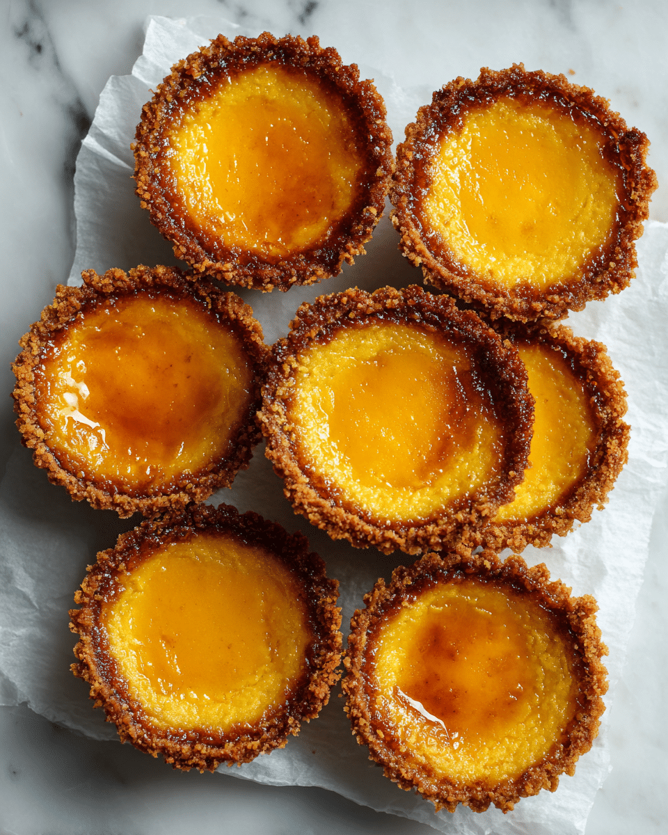 The image shows seven small round tarts with a golden brown crust. Each tart has a slightly cracked top layer with a darker brown filling that looks smooth and glossy. The crust edges are thick and rough with a crumbly texture, while the filling sits below the rim of the crust. The tarts are placed on white parchment paper that rests on a white marbled surface. The lighting highlights the warm colors and texture of the tarts. photo taken with an iphone --ar 4:5 --v 7