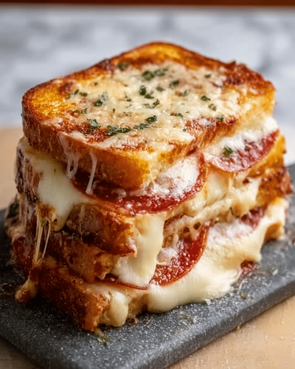 The image shows a sandwich with three thick layers of grilled bread that is golden brown with a slightly crispy texture. Between the bread slices are layers of melted cheese that looks soft and gooey, with some stretching out from the edges, and pepperoni slices that add a rich red color and slightly curled edges. The top layer of bread has some melted cheese and small sprinkled green herbs. The sandwich sits on a gray board, with a white marbled surface in the background. photo taken with an iphone --ar 4:5 --v 7