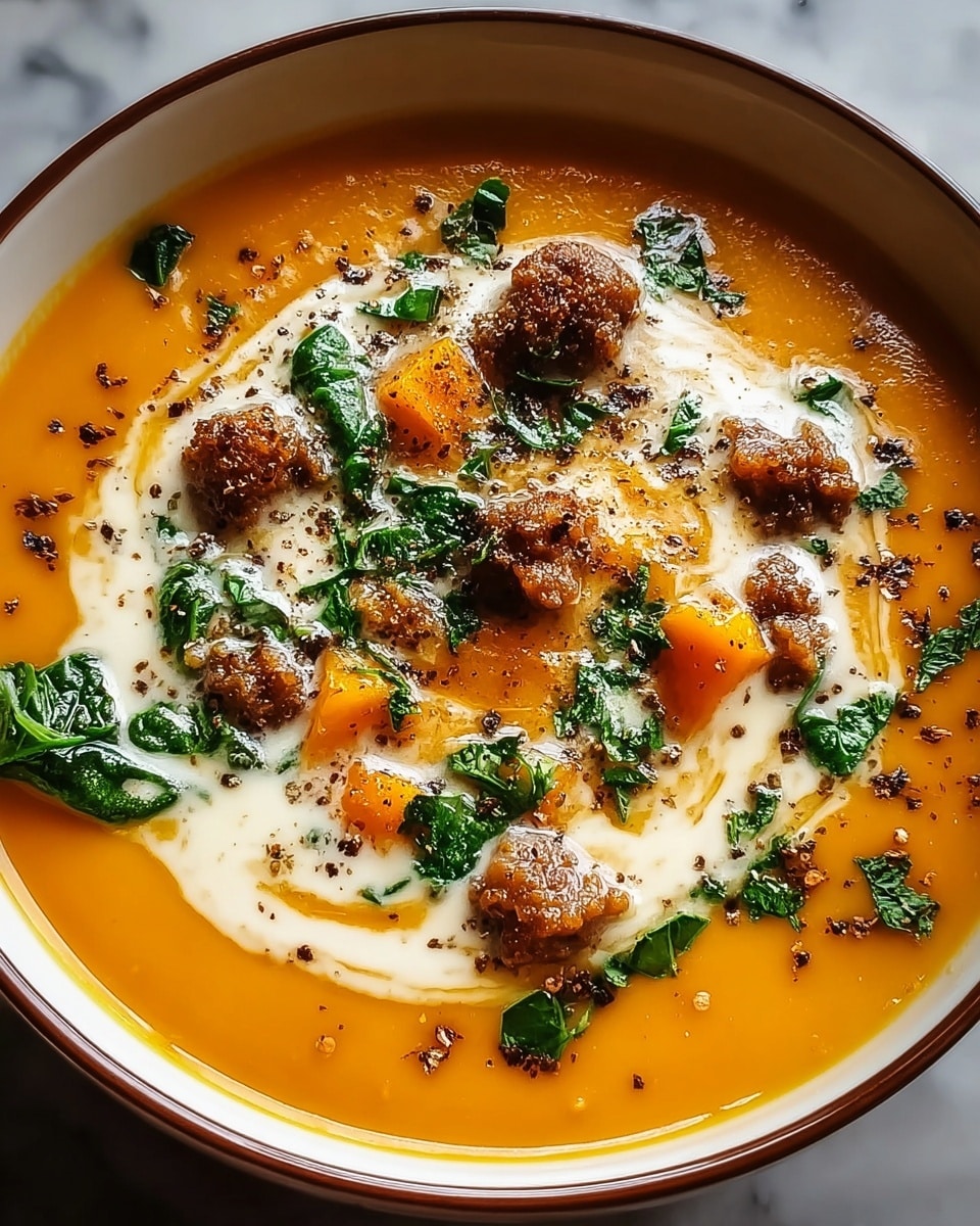 A bowl filled with a thick, smooth orange soup as the base layer, topped with a creamy white sauce swirled across the center. On top, there are small browned meat pieces scattered evenly, along with bright green leafy herbs and chunks of soft orange vegetables. A sprinkle of ground black pepper and seasoning dots the surface, adding texture and contrast. The bowl is white with a thin brown rim, and steam rises softly from the hot soup, all set against a white marbled background. Photo taken with an iphone --ar 4:5 --v 7
