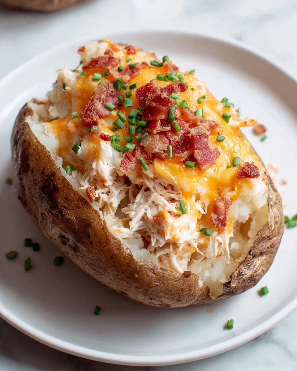 A baked potato with a rough brown skin sits open on a white plate, revealing three main layers inside: the bottom layer is soft, fluffy white potato, the middle layer is shredded white chicken meat, and the top layer is melted orange cheddar cheese with small crispy red bacon bits scattered on top, sprinkled with bright green chopped chives. The dish is set on a white marbled surface. photo taken with an iphone --ar 4:5 --v 7