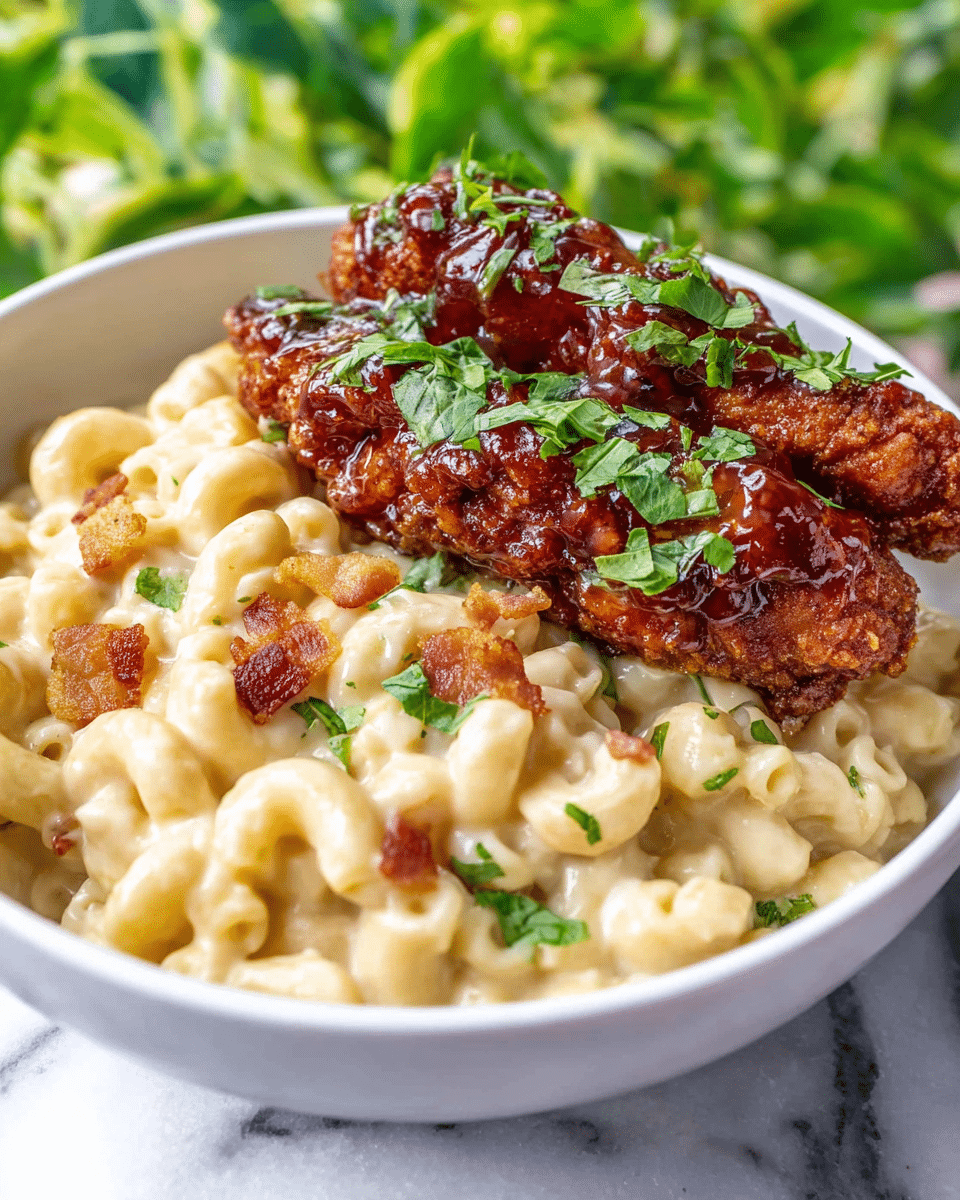 A white bowl filled with creamy macaroni and cheese at the bottom layer, the pasta is coated in a smooth, pale yellow sauce with small bits of crispy bacon and chopped green herbs scattered on top. On the top layer, two crispy fried chicken tenders are placed side by side, covered in a glossy, dark reddish-brown sauce with a slightly sticky texture and garnished with fresh green herb leaves. The bowl is set on a white marbled surface with a green leafy background softly blurred. Photo taken with an iphone --ar 4:5 --v 7