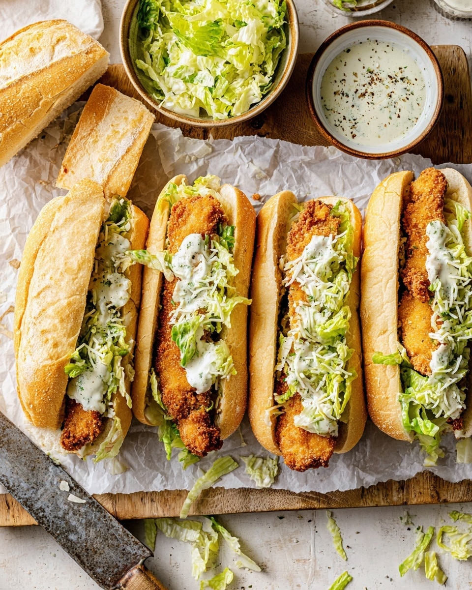 Four sandwiches are lined up side by side on white parchment paper on a wooden board with a white marbled texture surface underneath. Each sandwich has a crusty white bun split open to show layers inside: the bottom layer is a golden crispy fried chicken strip, topped with green lettuce lightly coated in creamy white dressing, and shredded white cheese sprinkled on top of the lettuce. One sandwich has its top bun leaning to the side, revealing a spread of green herb butter inside. A small brown bowl filled with chopped lettuce coated in creamy dressing sits behind the sandwiches to the left, while another small bowl filled with white sauce sprinkled with cracked black pepper is placed at the bottom right. A rustic knife with a worn metal blade and wooden handle rests on the left near some scattered lettuce pieces. photo taken with an iphone --ar 4:5 --v 7