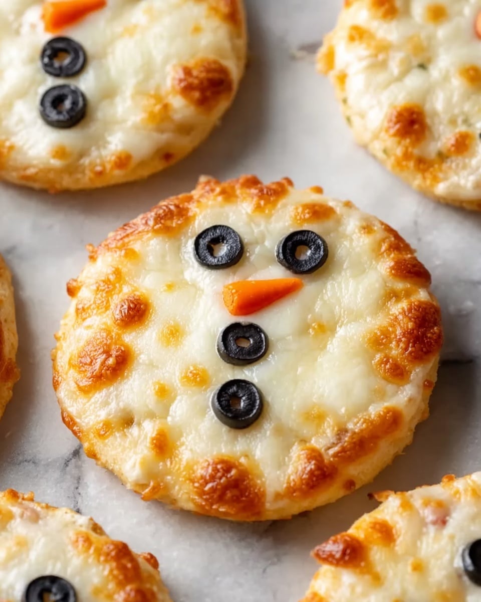 The image shows small snowman-shaped pizzas on a white marbled surface. Each pizza has three round layers: the bottom layer is the base crust, golden and crispy with browned, bubbly melted cheese spread evenly on top. The middle layer is decorated with three black olive slices arranged vertically as buttons, and the top layer features two more olive slices as eyes and a small triangular piece of orange carrot shaped like a nose. The edges of each pizza are browned and slightly raised, giving them a textured look. photo taken with an iphone --ar 4:5 --v 7