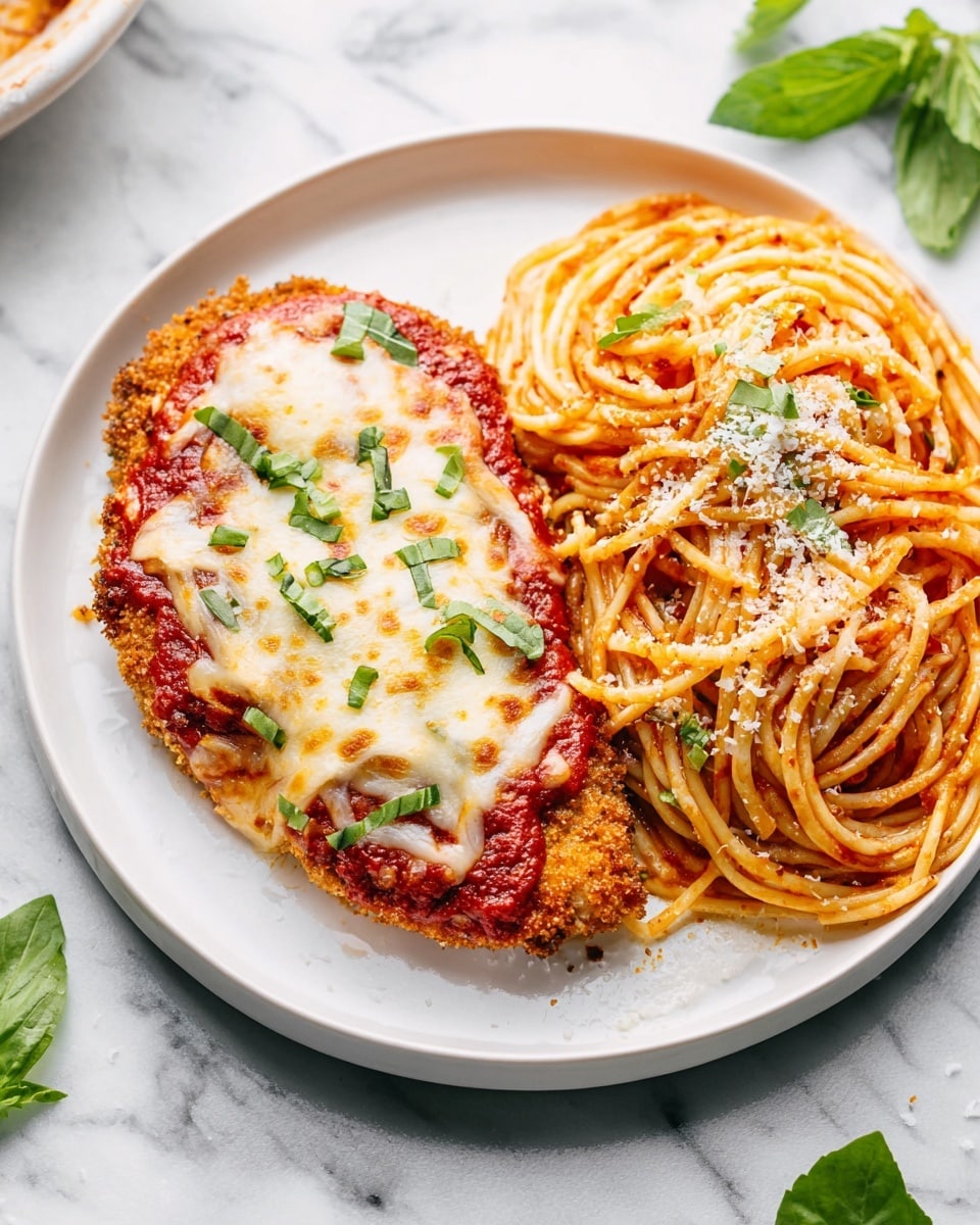 A white plate holds a serving of chicken parmesan and spaghetti. The chicken parmesan has three visible layers: a crispy golden-brown breaded base, a layer of bright red marinara sauce spread evenly on top, and a thick layer of melted, slightly browned mozzarella cheese sprinkled with small pieces of fresh green basil. Next to the chicken is a neat pile of spaghetti coated in red tomato sauce, garnished with grated parmesan cheese and small green basil bits. The plate is set on a white marbled surface with a few fresh basil leaves scattered around. photo taken with an iphone --ar 4:5 --v 7