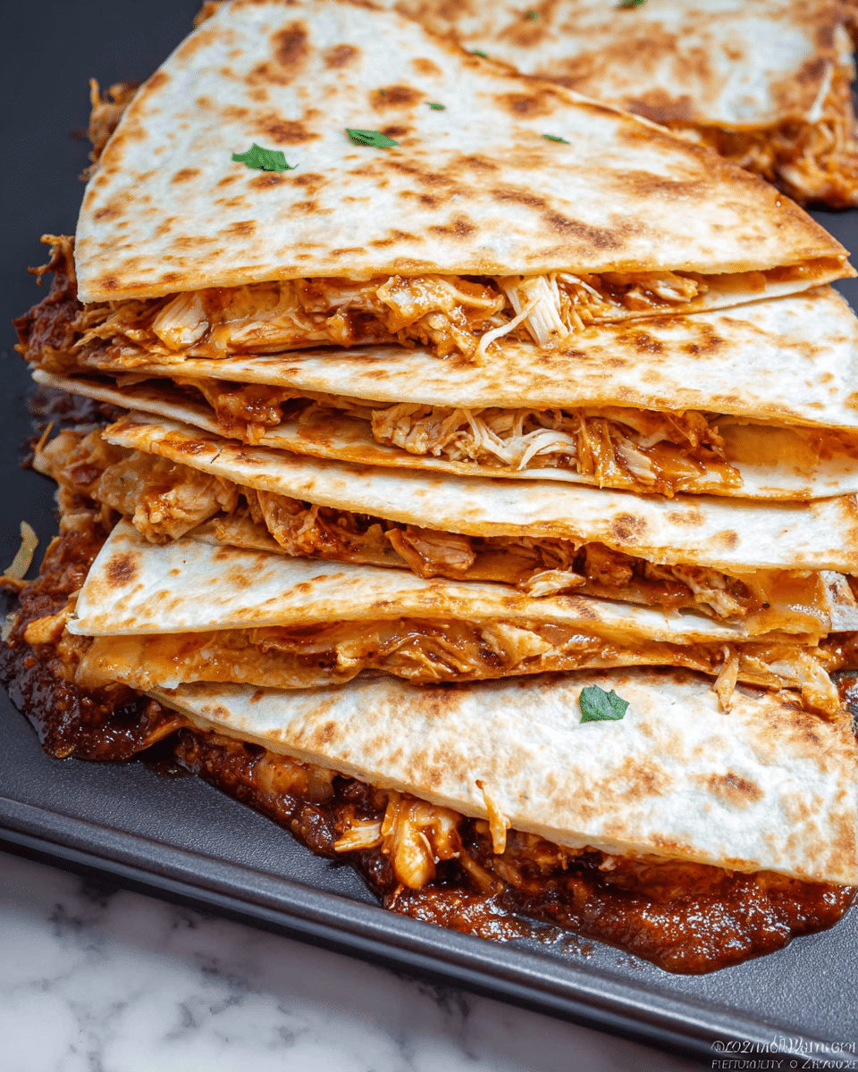 A stack of five folded quesadillas is shown, each folded in half with lightly toasted, golden brown tortillas forming the outer layer. Inside, shredded chicken mixed with melted cheese and a rich, reddish-brown sauce is visible, slightly spilling out along the edges. The texture of the tortillas looks soft with some crisp spots, while the chicken filling is tender and saucy, creating a moist contrast. The quesadillas are layered closely on a dark tray placed on a white marbled surface. photo taken with an iphone --ar 4:5 --v 7