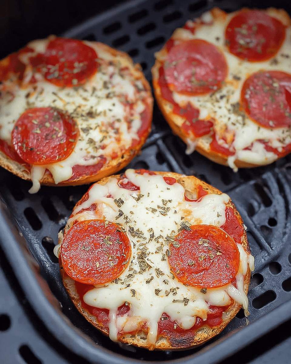 Three small pizzas made on bagel halves are shown inside a black air fryer basket with holes. Each bagel has a base layer of red tomato sauce, followed by a thick, melted white cheese layer that covers most of the surface. On top of the cheese are round slices of pepperoni, which are deep red with a slightly crispy texture. The pizzas are sprinkled with green dried herbs. The bagel crust is golden brown and looks crunchy around the edges. The photo taken with an iphone --ar 4:5 --v 7