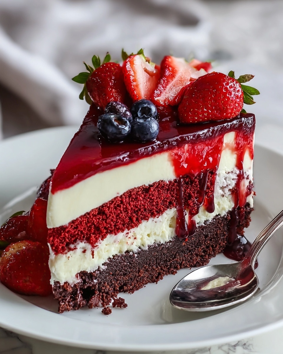 A slice of red velvet cake on a white plate with a spoon to the right side. The cake has four layers: a dark chocolate brown crumbly base, a thick red sponge layer above it, a thick creamy white layer in the middle, and a shiny, smooth red jelly layer with syrup dripping down the side on top. On the jelly layer, there are fresh strawberries—some whole and some sliced—along with two blueberries, all glossy and fresh. The plate rests on a white marbled texture background. photo taken with an iphone --ar 4:5 --v 7