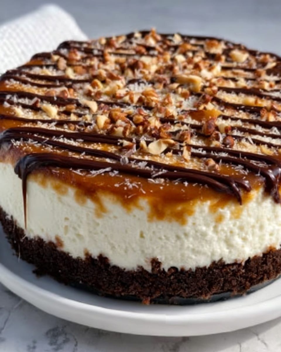The image shows a round cheesecake with three clear layers. The bottom layer is a dark chocolate crumb crust with a rough texture. The middle layer is thick and creamy white cheesecake filling, smooth and dense. The top layer has a golden caramel color with small nut pieces sprinkled all over. Dark chocolate sauce is thickly drizzled in wide lines across the top, creating a zigzag pattern. The cheesecake sits on a white plate, with a white marbled surface in the background. photo taken with an iphone --ar 4:5 --v 7