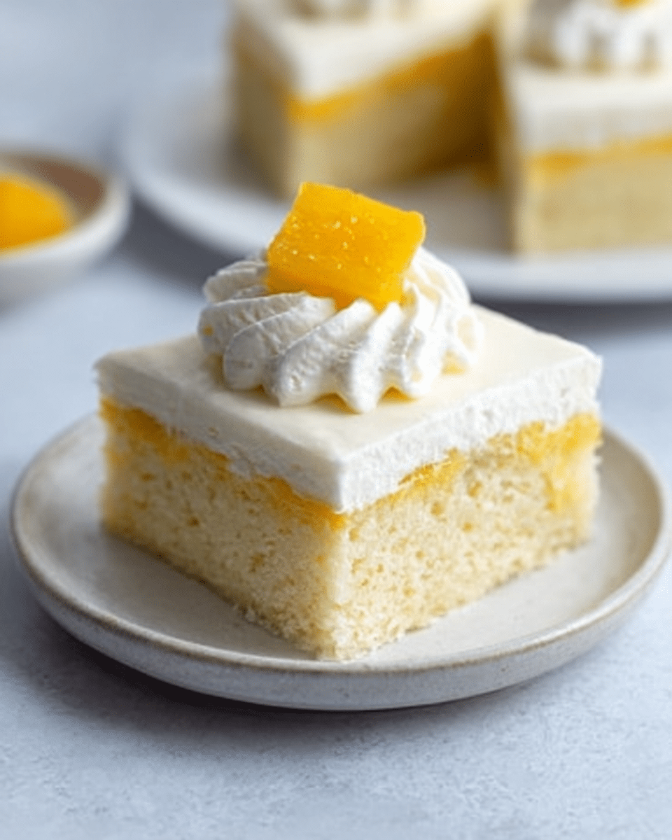 A white plate holds a square slice of cake with three visible layers: the bottom layer is a soft, pale yellow cake, topped by a middle layer of light, creamy frosting, and finished with a thick top layer of smooth white icing. On top, there is a swirl of white whipped cream in the center, crowned with a small cube of bright orange fruit. A white marbled surface is visible underneath the plate, with a blurred square cake piece in the background. Photo taken with an iphone --ar 4:5 --v 7