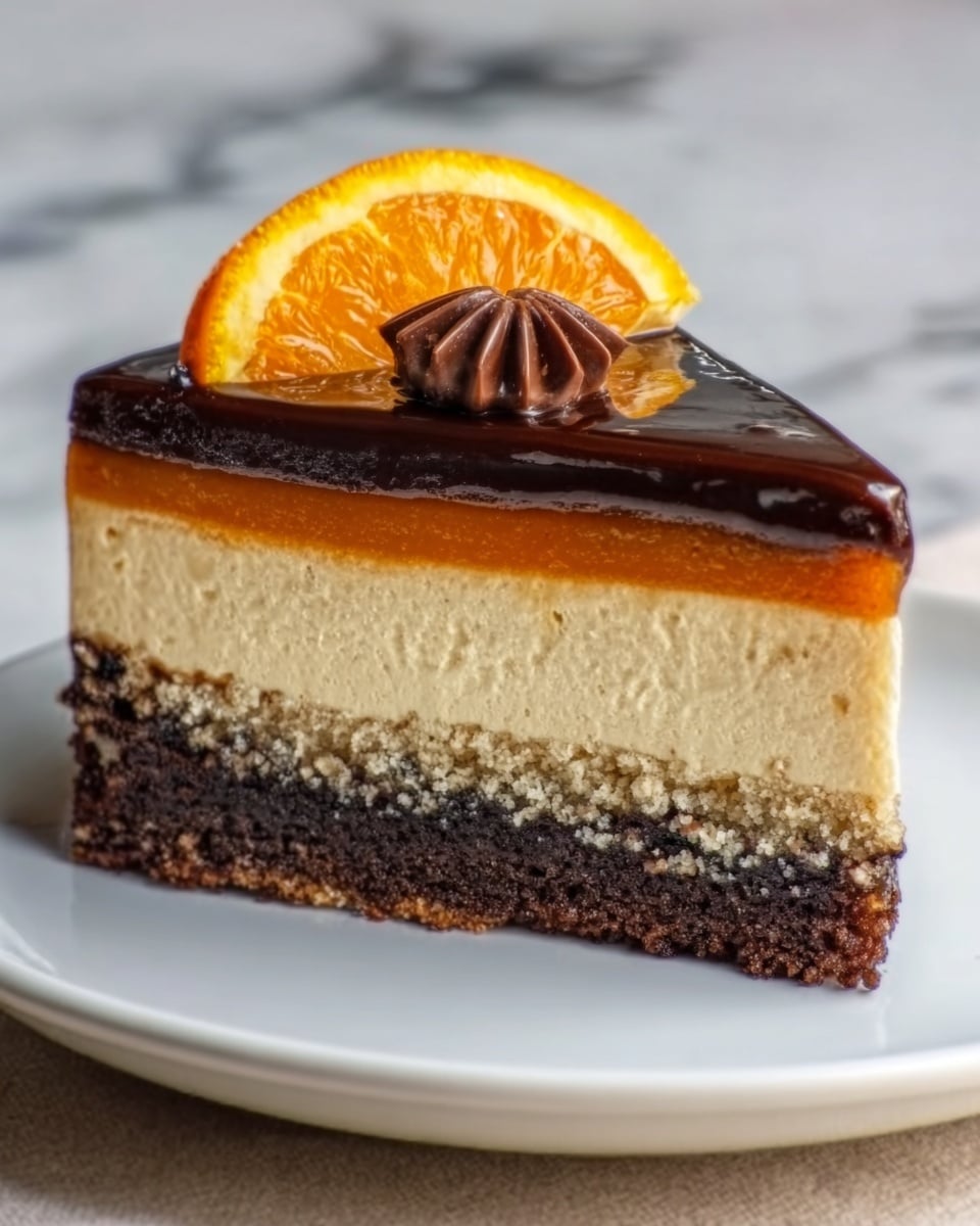 The image shows a slice of three-layered cake on a white plate. The bottom layer is dark brown with a crumbly texture. The middle layer is light beige and smooth, while the top layer is glossy, dark chocolate that looks thick and shiny. There are two orange slices and a small chocolate decoration on top of the cake. The background has a white marbled texture. photo taken with an iphone --ar 4:5 --v 7