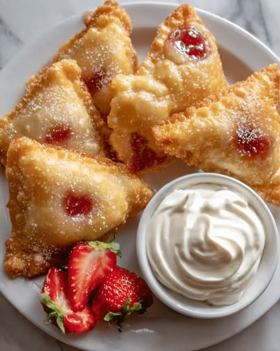 A white plate holds six golden brown fried pastries, each triangle-shaped with a crispy texture and small golden bubbles on the surface. Some pastries show red jam peeking through small openings. On one side of the plate, there is a small white bowl filled with thick white cream with smooth, soft peaks. Two halves of a fresh strawberry with green leaves are placed beside the pastries, adding a bright red color contrast. The plate is set on a white marbled surface. Photo taken with an iphone --ar 4:5 --v 7