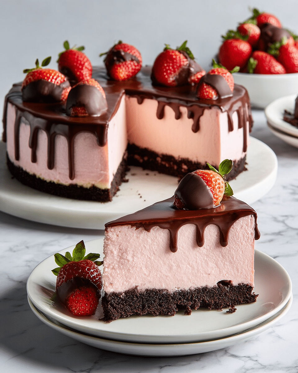 The image shows a round cake with three layers on a white plate placed on a white marbled surface. The cake's bottom layer is dark brown, crumbly, and looks like a cookie crust. The middle layer is thick, creamy, and light pink with a smooth texture. The top layer is a shiny, dark chocolate glaze that drips down the sides of the pink layer in uneven streaks. The cake is topped with whole, fresh strawberries and some strawberries covered in chocolate. A large slice of the cake is cut and placed on a white plate in the foreground. This slice also has the same layers and decorations with a few strawberries placed beside it. In the background, more fresh strawberries can be seen on a small white plate. photo taken with an iphone --ar 4:5 --v 7