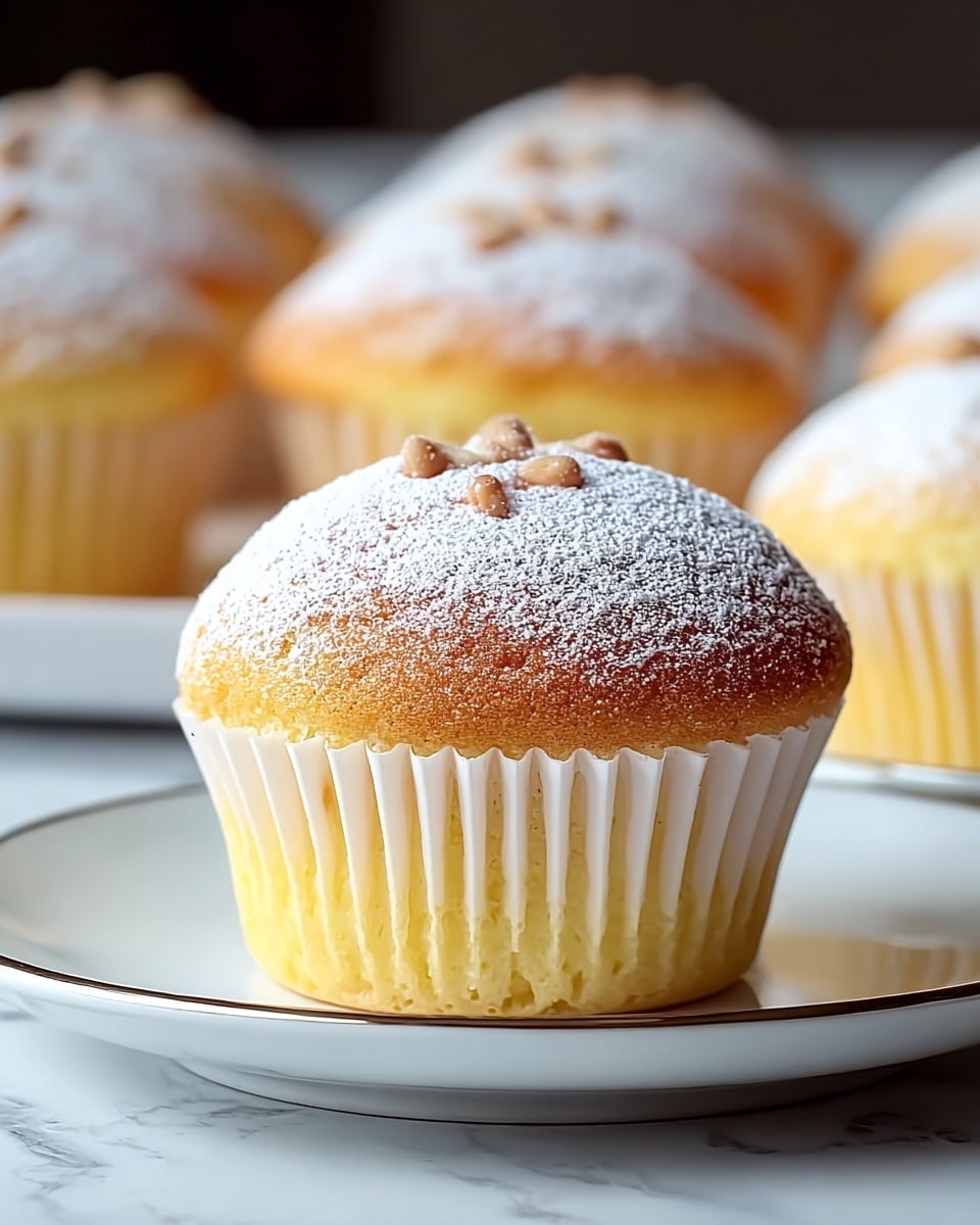 The image shows a close-up of a soft, golden-yellow cupcake with a slightly domed top dusted lightly with white powdered sugar. The cupcake is wrapped in a white paper liner with vertical ridges that fades from light to slightly darker at the base. On top of the cupcake are a few small, light brown nuts or seeds clustered in the center. Behind the main cupcake, there are multiple similar cupcakes softly blurred in the background, all sitting on a white plate with a thin dark rim, placed on a white marbled surface. Photo taken with an iphone --ar 4:5 --v 7