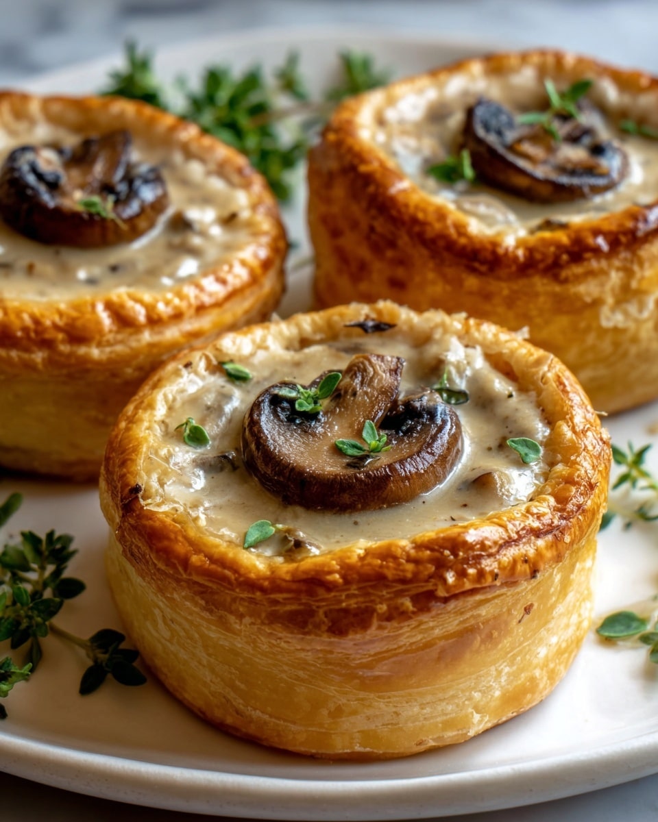 The image shows three round puff pastry cups placed on a white plate, each filled with creamy mushroom sauce topped with sliced mushrooms and small green herb leaves. The pastry is golden brown, flaky, and thick, forming a raised crust around the smooth, light beige filling. The mushrooms inside are dark brown and slightly glossy, sitting neatly in the center of each cup. Tiny fresh herb sprigs are scattered around the plate on a white marbled surface. photo taken with an iphone --ar 4:5 --v 7