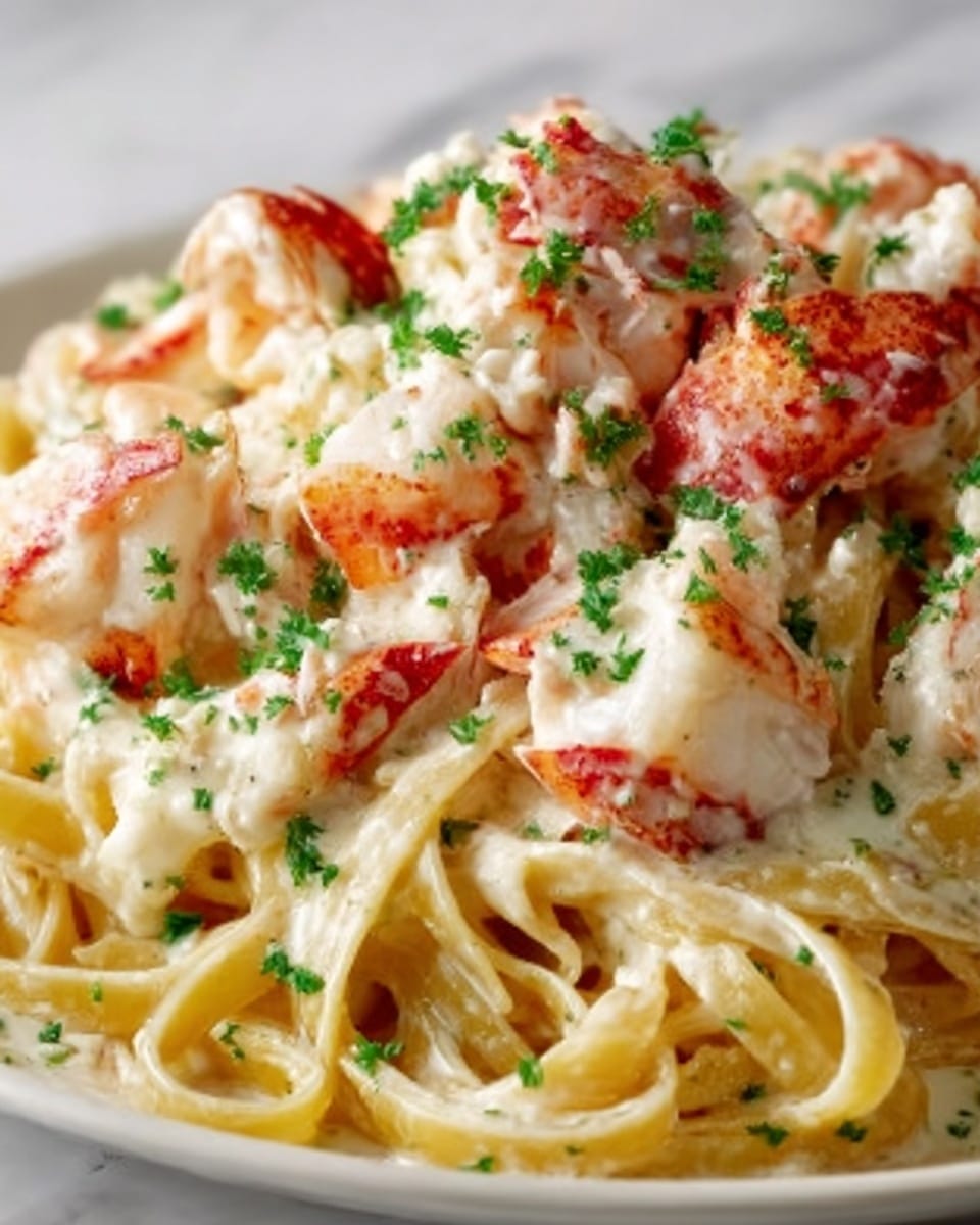 The image shows a close-up of a creamy pasta dish with several layers visible: the bottom layer is light yellow fettuccine noodles coated in creamy white sauce, topped with white and pink pieces of cooked lobster, scattered with small green parsley flakes for color contrast. The textures show smooth sauce and firm lobster chunks, all resting on a white plate placed on a white marbled surface. The photo taken with an iphone --ar 4:5 --v 7