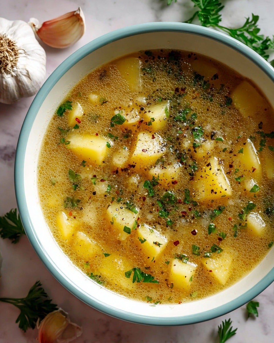 The image shows a close-up view of a bowl filled with a chunky soup. The soup has visible light yellow potato cubes and bits of translucent onion floating in a clear, golden broth. Green leafy herbs are sprinkled well over the soup's surface along with black pepper, adding texture and color contrast. The bowl itself is white with a pale blue rim and it is set on a white marbled surface. Around the bowl, there are garlic bulbs, garlic cloves, and some fresh parsley leaves scattered on the marbled background. photo taken with an iphone --ar 4:5 --v 7