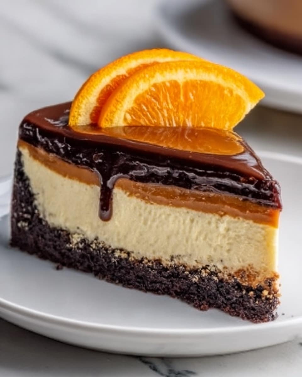 A slice of layered cake on a white round plate placed on a white marbled surface, showing three distinct layers: the bottom layer is dark brown and crumbly, like chocolate cookie crust; the middle layer is light cream color, smooth and thick like cheesecake; the top layer is shiny dark chocolate glaze that gently drips down the sides. On top of the chocolate glaze, two small orange slices are arranged in a fan shape on one side. The overall look is rich and elegant. Photo taken with an iphone --ar 4:5 --v 7