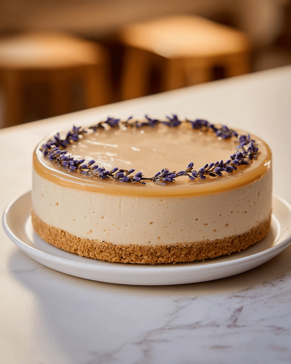 A round three-layer cake is placed on a white plate; the bottom layer is a smooth, light brown crumb base, the middle layer is a thick, creamy beige filling with a slightly textured surface, and the top layer is a clear, shiny glaze. On top of the glaze, there is a circle of small purple lavender flowers evenly spaced around the edge. The cake is on a white marbled surface with soft, warm lighting in the background. photo taken with an iphone --ar 4:5 --v 7