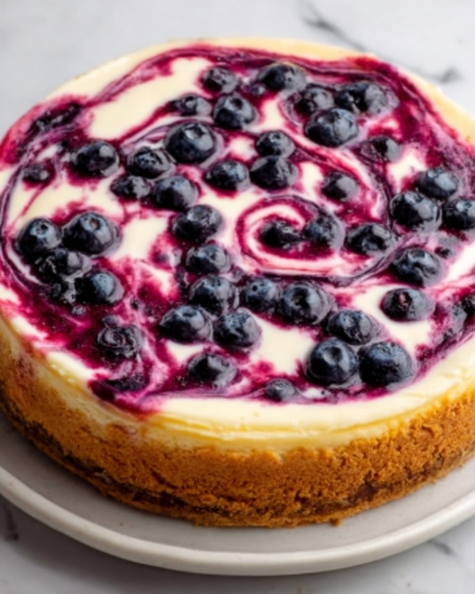 A round cheesecake with a smooth, creamy white base swirled with bright purple and pink berry sauce creating a marbled effect on the top layer. Scattered evenly across the surface are plump, fresh blueberries that add dark blue pops of color. The crust around the edges is golden brown and looks slightly crumbly. The cheesecake sits on a white plate that contrasts with the vibrant colors, all set on a white marbled surface. Photo taken with an iphone --ar 4:5 --v 7