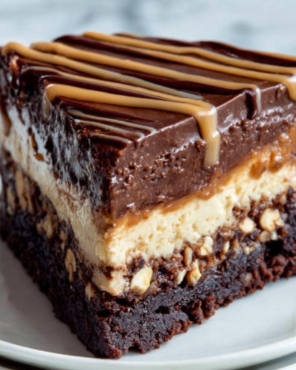 The image shows a thick slice of rich layered dessert on a white plate placed on a white marbled surface. The bottom layer is a dark, fudgy brownie with a slightly rough texture. Above it is a creamy, beige layer with small crunchy nuts. On top of this is a thick, glossy chocolate layer, smooth and shiny, covering the whole slice. The very top has a drizzle of chocolate and caramel sauce, creating thin stripes across the surface. The dessert looks moist and dense, with a mix of smooth and crunchy textures. Photo taken with an iphone --ar 4:5 --v 7