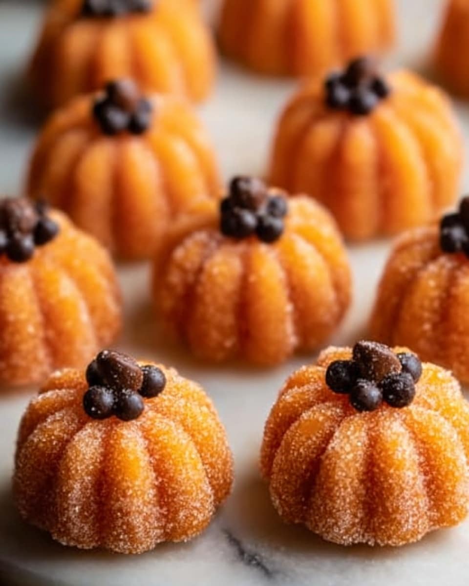 The image shows small pumpkin-shaped treats arranged closely on a white marbled surface. Each treat has an orange, sugary textured body with ridges to look like a pumpkin. On top of each pumpkin, three to four small dark brown chocolate chips are placed to resemble a stem. The overall look is neat, with the pumpkins glowing softly and casting subtle shadows. photo taken with an iphone --ar 4:5 --v 7