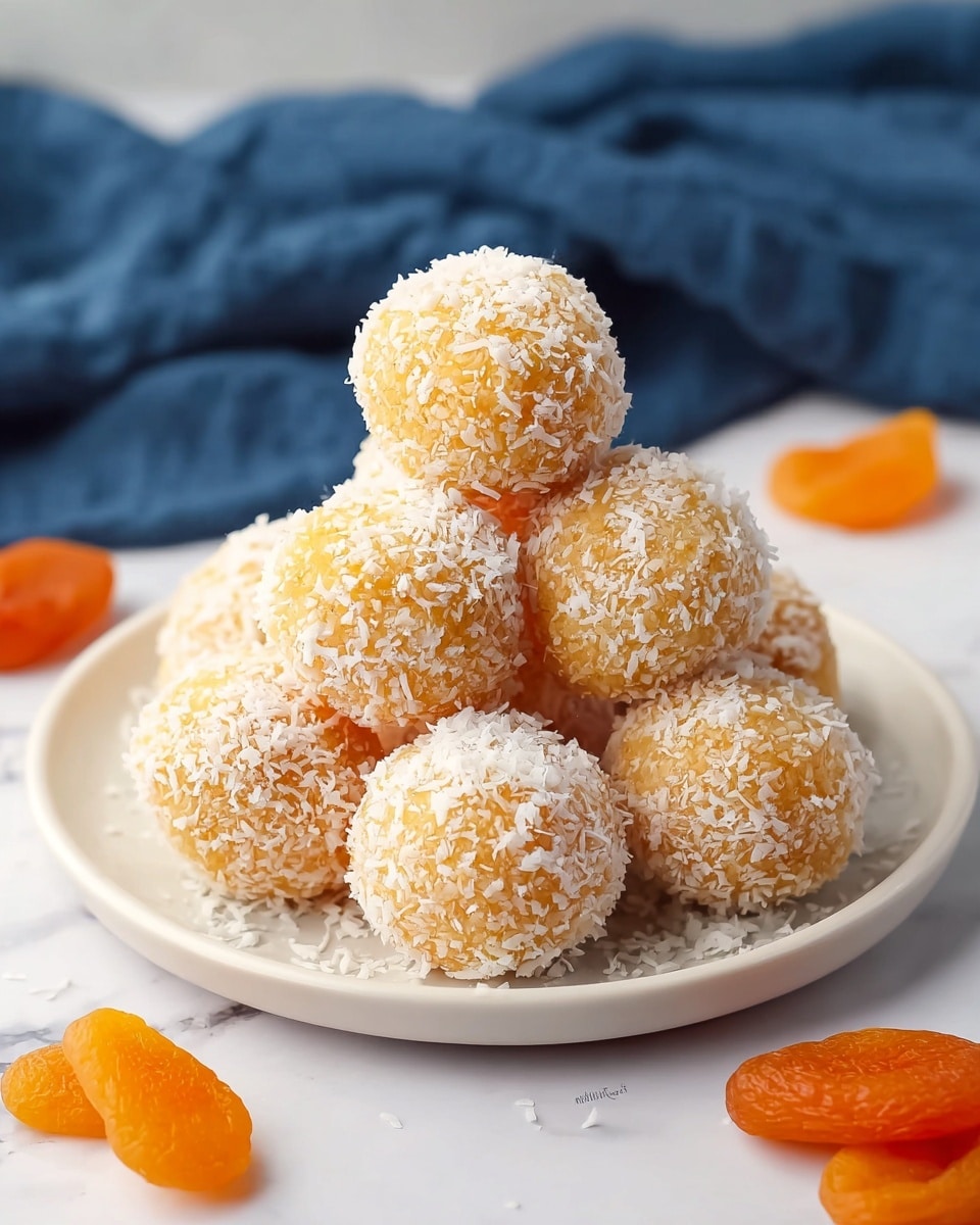 A white plate holds a pyramid stack of nine round orange balls, each coated evenly with white shredded coconut flakes giving them a textured, snowy look. The balls are smooth and glossy underneath the coconut with a soft, moist appearance. Around the plate on a white marbled surface lay a few bright orange dried apricot pieces, adding contrast with their plump, slightly wrinkled texture. A dark blue cloth is blurred in the background, softly framing the scene. photo taken with an iphone --ar 4:5 --v 7