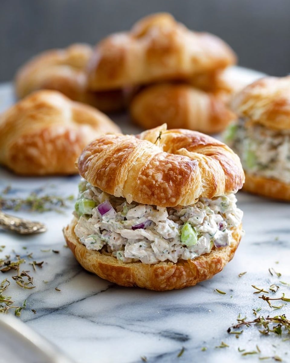 The image shows a croissant sandwich with two golden-brown, flaky layers of croissant bread that are round with a slightly crinkled texture on the outside. Between these layers, there is a thick, creamy filling visible in the middle, consisting of white chicken salad mixed with small pieces of green celery, red onion, and specks of herbs, giving it a colorful, chunky texture. In the background, more croissants are scattered on a white marbled surface, with some loose dry herbs around them, adding to the rustic look. The sandwich is the clear focus, with a soft natural light highlighting the flaky layers and creamy filling. Photo taken with an iphone --ar 4:5 --v 7