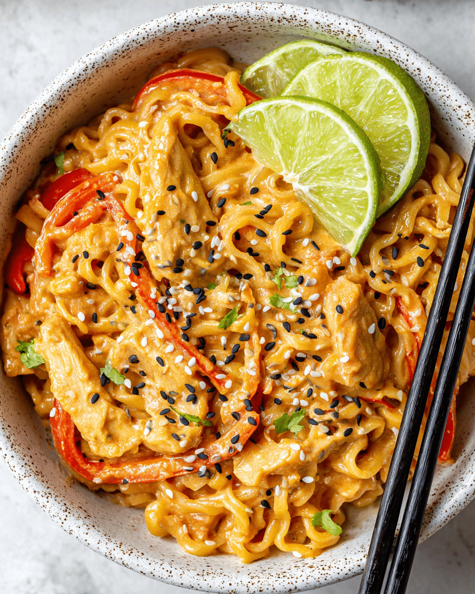 A bowl filled with creamy orange-colored noodles mixed with thin slices of red bell pepper and tender pieces of chicken, all coated in a rich sauce. On top, there are white and black sesame seeds scattered for texture and two bright green lime wedges placed side by side as garnish. Black chopsticks rest on the right side of the bowl, which is white with a speckled rim. The scene is set on a white marbled surface. photo taken with an iphone --ar 4:5 --v 7