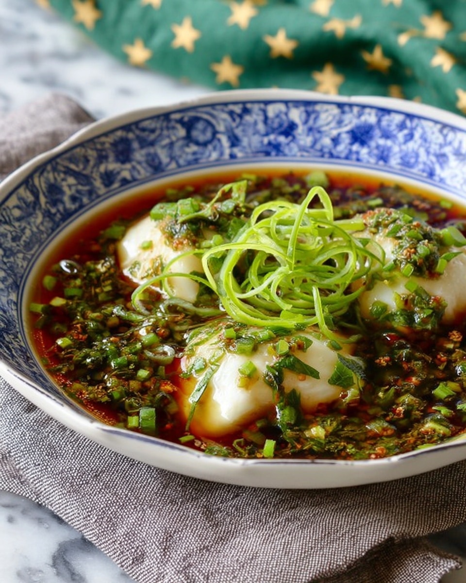 A deep white bowl with a blue patterned rim holds a dark brown broth with visible oil droplets on the surface, filled with chopped green herbs and scallions. In the center, two smooth, pale white fish fillets partially submerged in the broth are topped with thin, bright green scallion curls, creating a fresh and vibrant contrast. The bowl rests on a gray cloth on a white marbled surface with a green cloth featuring yellow stars blurred in the background. photo taken with an iphone --ar 4:5 --v 7