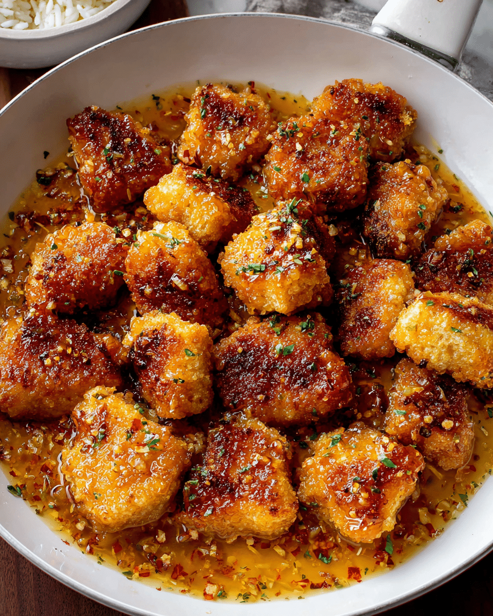 A white pan filled with about twenty pieces of golden brown, crispy fried chicken bites scattered evenly inside. The chicken pieces have a crunchy texture with some darker toasted spots on each piece. They sit in a glossy, thick orange glaze sauce that has small chunks and a shiny sheen. The sauce is sprinkled lightly with finely chopped green herbs and tiny red flakes throughout. The pan handle and a small part of some white rice in a bowl sit on a white marbled surface in the background. Photo taken with an iphone --ar 4:5 --v 7