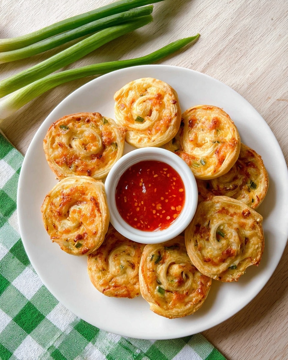 A white plate holds a neat circle of golden-brown, spiral-shaped puff pastry pinwheels, each with visible bits of orange and green filling, indicating crab and scallion inside. At the top center of the plate, there is a small white ramekin filled with bright red sweet chili sauce. To the left of the plate, on a green and white checkered cloth over a white marbled texture, are three green scallion stalks and two pieces of imitation crab meat. The whole scene is brightly lit, showing the crispy, flaky texture of the pinwheels and the glossy, smooth surface of the sauce. photo taken with an iphone --ar 4:5 --v 7