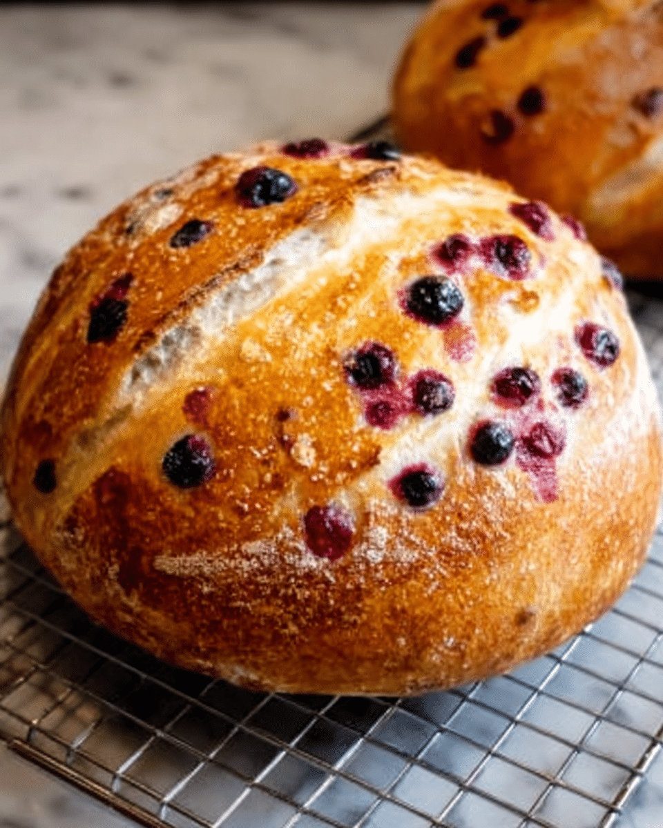 A round loaf of bread with a golden brown crust sits on a wire cooling rack, showing a thick crust dotted with small dark berries baked into the top surface. The bread’s crust has several shallow slashes revealing the soft, light interior beneath, which is slightly visible around the berries. The loaf has natural cracks and a slightly rough texture, while the background is a white marbled surface. Photo taken with an iphone --ar 4:5 --v 7