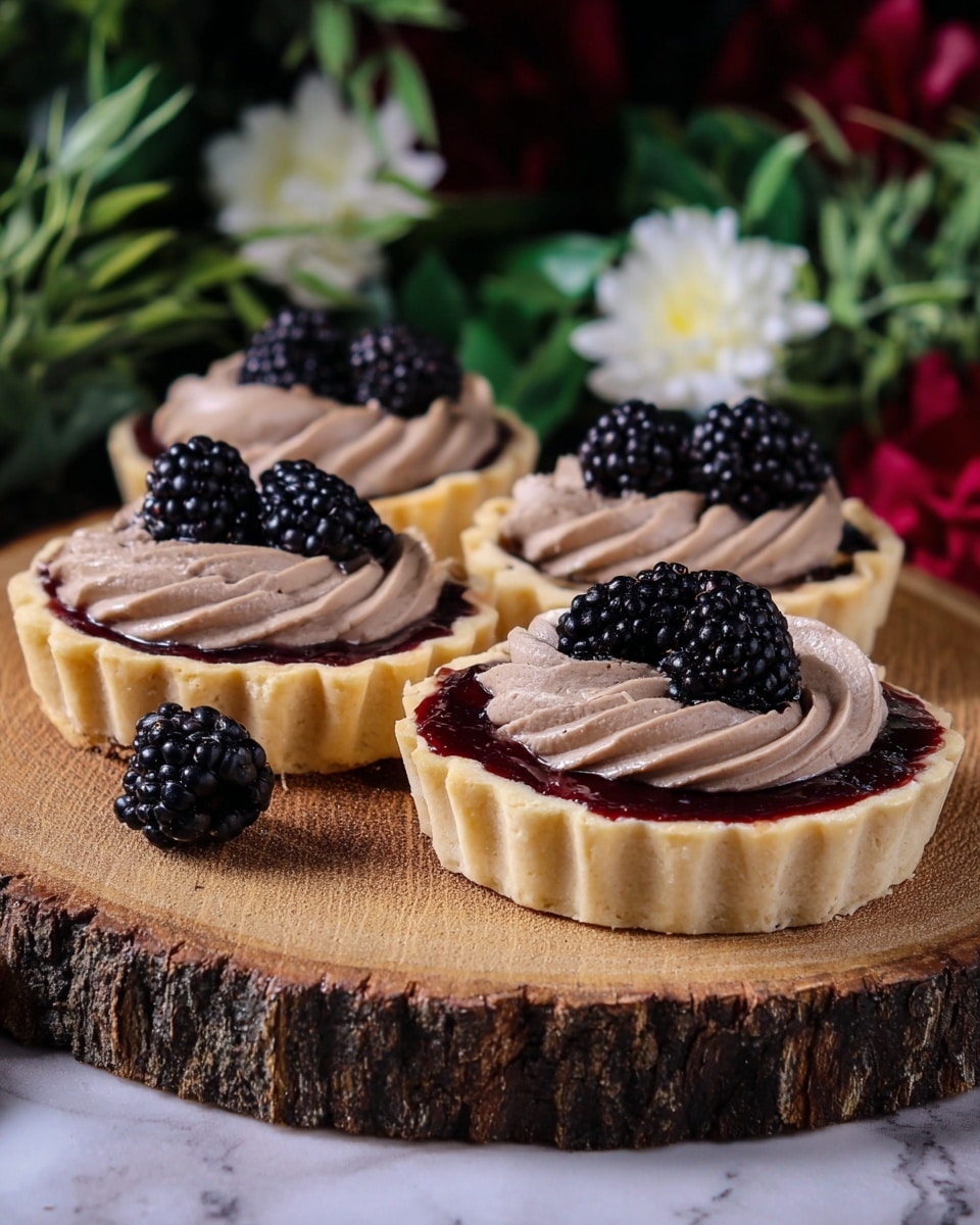 Three small tarts sit on a round wooden board with bark edges. Each tart has a light golden crust base filled with a glossy dark red berry jam layer. On top, there is a thick, smooth, light brown cream swirled in soft waves. Each tart is decorated with three shiny black blackberries placed near the edge. The setting includes dark green leaves and red and white flowers blurred in the background, all on a white marbled surface. photo taken with an iphone --ar 4:5 --v 7