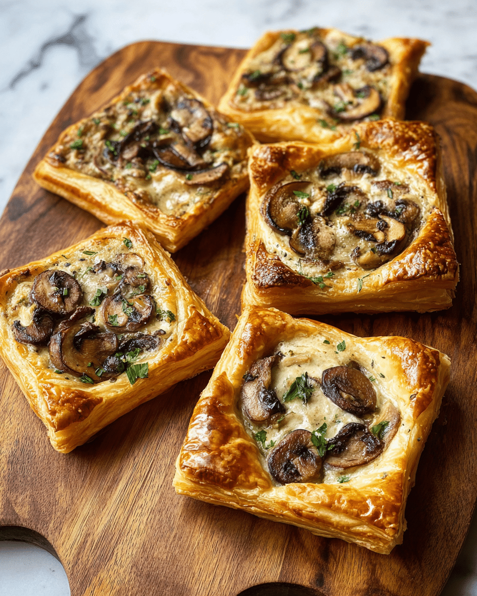 Five mushroom tarts sit on a wooden board placed on a white marbled surface. Each tart has a golden brown, flaky puff pastry base with slightly raised edges, forming a shallow well filled with creamy mushroom sauce. The sauce is light beige with visible dark sautéed mushroom slices and small green herb bits mixed throughout. The tarts vary slightly in shape, some square and others more rounded, all showing the glossy baked pastry crust and textured mushroom topping. Photo taken with an iphone --ar 4:5 --v 7