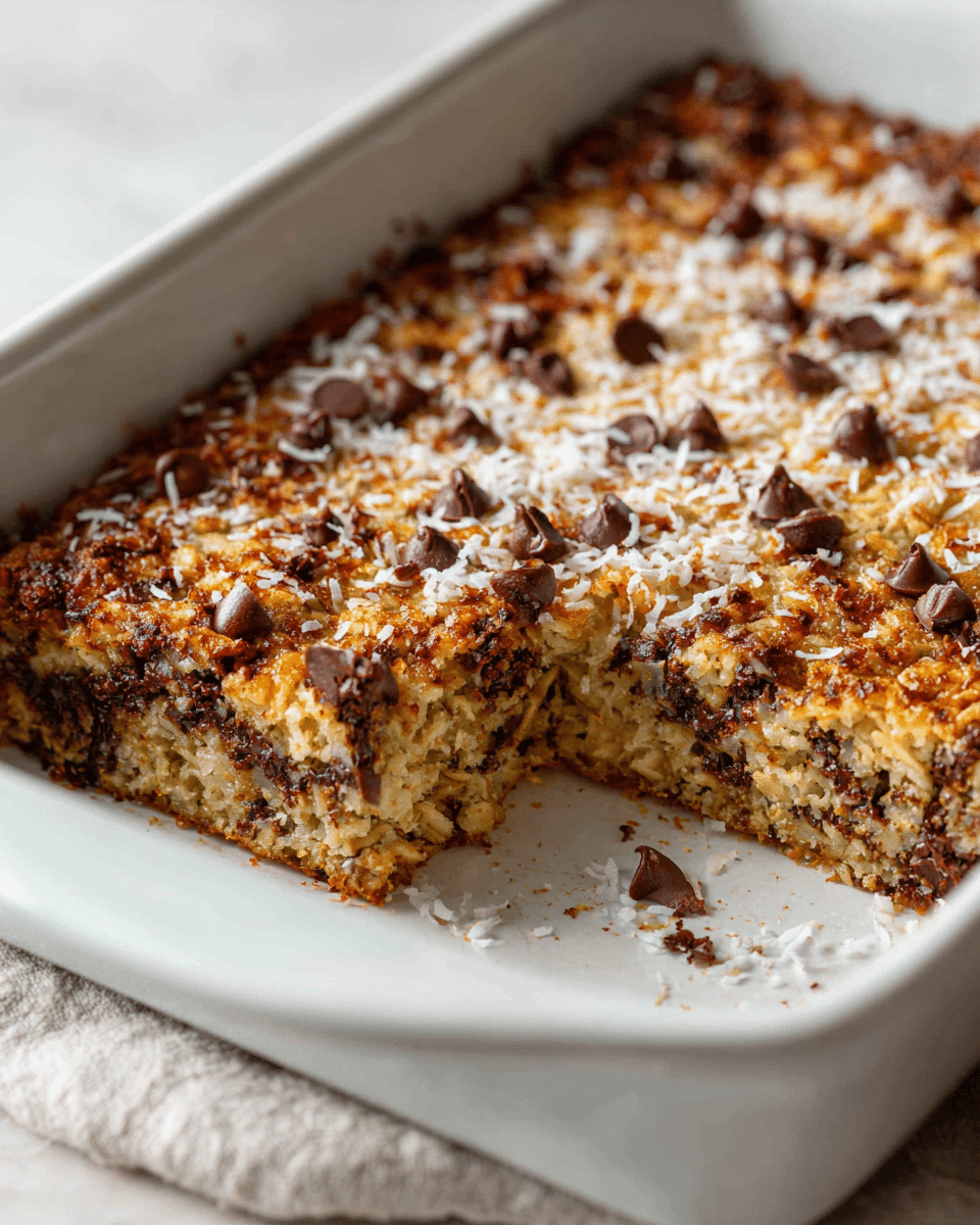 A white rectangular baking dish holds a thick, textured oatmeal bake with about five visible layers. The top layer is covered in a light tan shredded coconut with scattered dark brown, glossy chocolate chips. Inside, the oatmeal layers are mixed with darker chocolate bits, giving a mottled light brown and dark brown appearance. The edges of the dish show some caramelized, golden-brown baked oats. One portion has been removed, revealing the layered oatmeal consistency with semi-melted chocolate mixed throughout. The dish sits on a white marbled surface. photo taken with an iphone --ar 4:5 --v 7