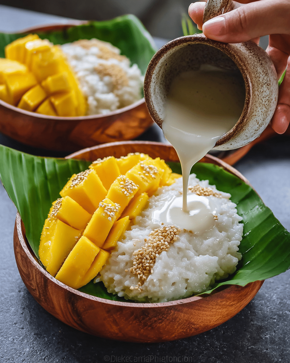 The image shows a wooden bowl lined with a bright green banana leaf, holding two main layers: on the left, a neatly sliced yellow mango with shiny flesh and small sesame seeds sprinkled over it, and on the right, sticky white rice topped with a smooth, creamy white sauce being poured from a rustic ceramic cup held by a woman's hand. The bowl rests on a dark surface, with a second similar bowl partially visible in the background. The colors contrast well—the bright yellow mango, white rice, and green leaf create a fresh, vibrant look. photo taken with an iphone --ar 4:5 --v 7