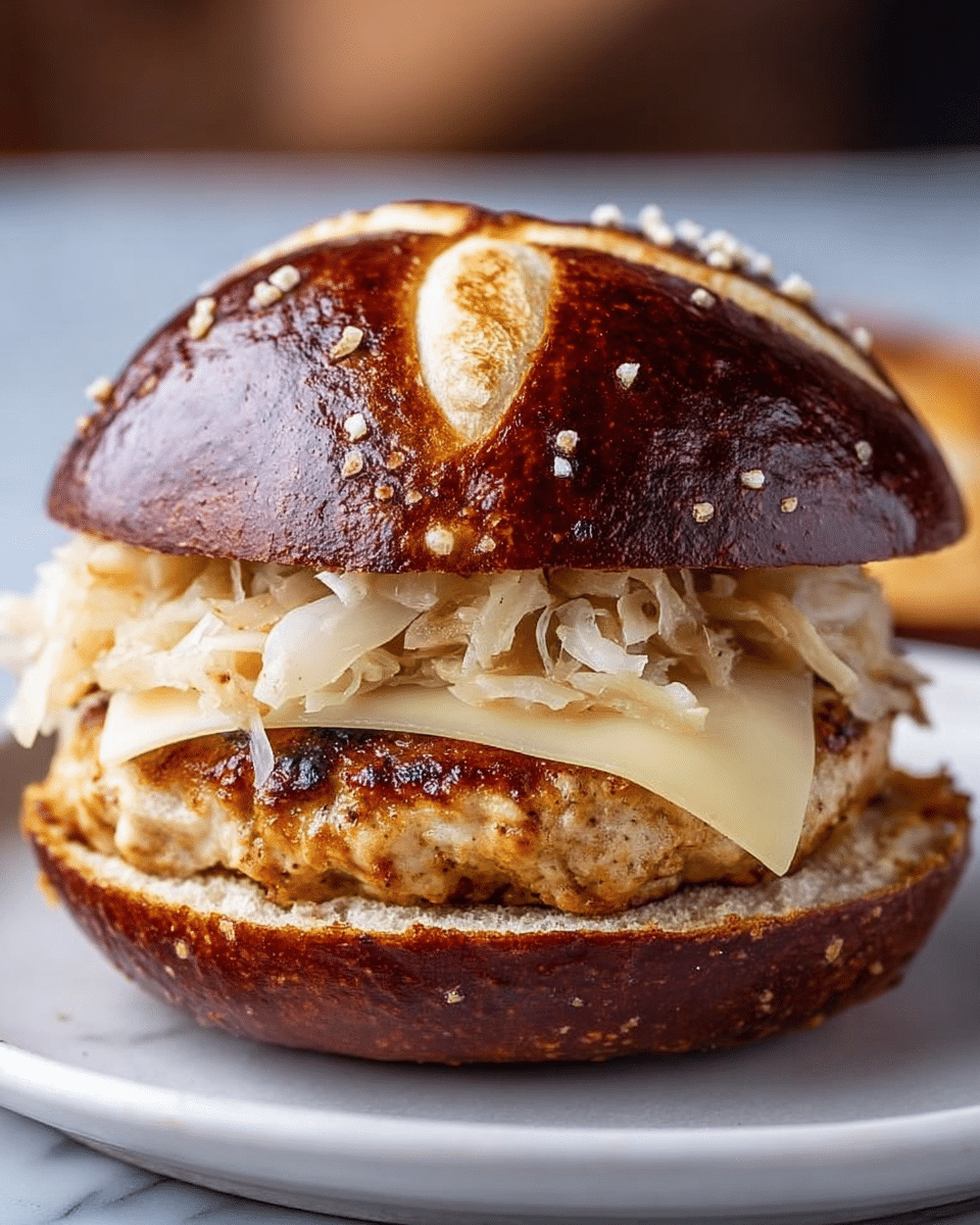 A close-up view of a sandwich on a white marbled surface, featuring a shiny, dark brown pretzel bun with coarse salt on top as the first layer. Underneath the bun is a thick layer of shredded light beige sauerkraut, followed by a slice of pale yellow cheese with smooth texture. Below the cheese sits a thick, golden brown grilled chicken patty with a slightly charred surface. The base is the bottom half of the pretzel bun, matching the top in color and texture. The sandwich is placed on a white plate. photo taken with an iphone --ar 4:5 --v 7