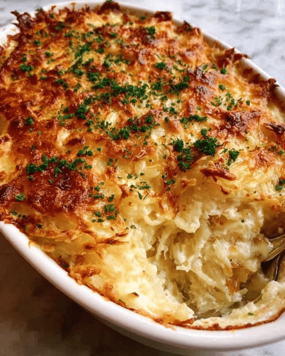 A white oval dish filled with a golden-brown baked potato casserole topped with a browned, crispy cheese layer sprinkled with finely chopped green herbs, showing soft, creamy potato shreds underneath where a portion is scooped out, revealing the creamy texture and lightly toasted edges. The dish sits on a white marbled surface. Photo taken with an iphone --ar 4:5 --v 7